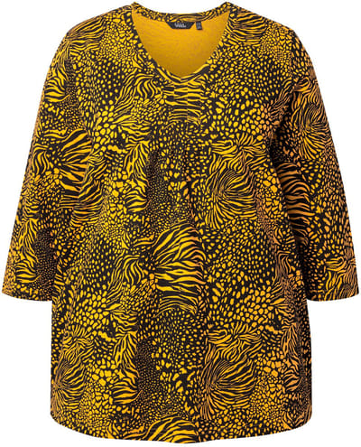 Ulla Popken - Dames - Shirt dierenprint A-lijn V-hals 3/4-mouw - Neonoranje - Maat 46+