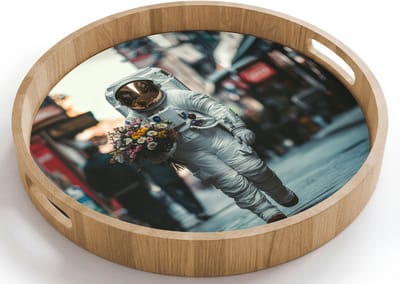Dienblad rond 40x40 cm - Schootdienblad hout - Boeket - Bloemen - Kleurrijk - Astronaut - Borrelplank rechthoek - Plateau houten dienbladen