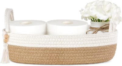 Kleine opbergmand voor toilet tank top, boho badkamer decor geweven touw toiletpapier lade achterkant van toilet organizer voor plank slaapkamer woonkamer, bruin en wit, 1 pak, 33 cm L x 15 cm B
