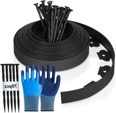Flexibele Plastic Grasrand, 15 m (L) x 10 cm (H), Tuinborder, Grasafscheiding, Bloembedranding met 70 Grondankers en 1 Paar Tuinhandschoenen (Zwart)