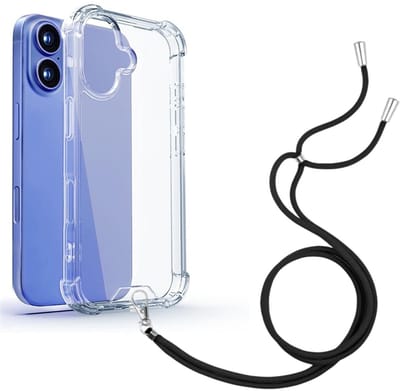 Shock Proof Case Hoes Geschikt voor iPhone 16 Hoesje Transparant Met universele Telefoonkoord zwart - Cover - Nek Hanger - Koord Hoes