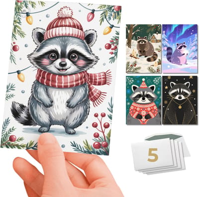 Inspra Studio – Luxe Kerstkaarten met Enveloppen – 5 Stuks – Dieren Wenskaarten Collectie – Mix van 5 Unieke Illustratiestijlen – Wasbeer