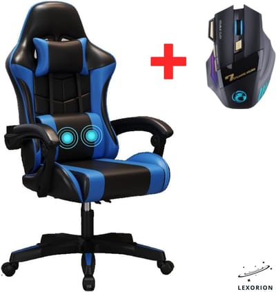 Lexorion Gaming Stoel – Ergonomische Gaming Chair – Inclusief RGB Gamingmuis – Verstelbaar – Lederen Gamestoel – 136 kg – Blauw – Bureaustoel