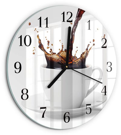 Tulup Wandklok - Koffie Wandklok Glas Met Motief - 30fi cm - Wit Decoratieve Glazen Klok - Zwarte Handen - Ronde Wandklok - Gekleurde Glazen Klok - Glazen Klok Met Print