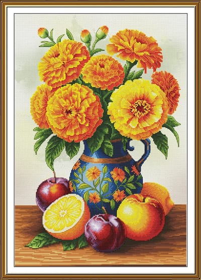 Borduurpakket Nova Sloboda - Bouquet of Marigolds - Boeket Pioenrozen - met bewerkte achtergrond