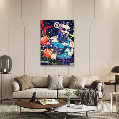 Kanwall - Schilderij - Luxe Mike Tyson Woonkamer Slaapkamer Boxing Paint Art ** Dik! Effect** - Zwart, Blauw En Rood - 100 X 75 Cm