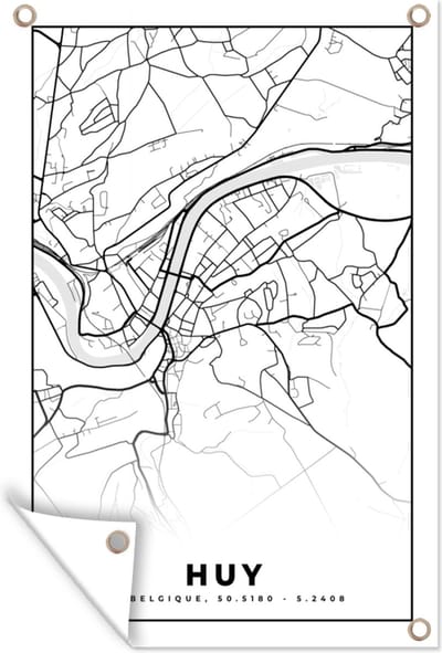 Muurdecoratie Stadskaart – Plattegrond – België – Zwart Wit – Huy – Kaart - 120x180 cm - Tuinposter - Tuindoek