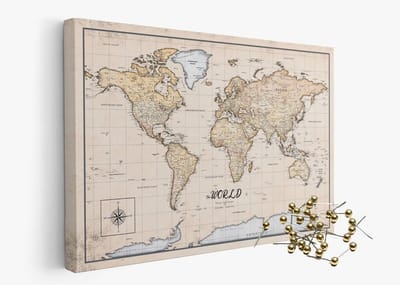 Wereldkaart op Canvas met Prikbaar Kurk en Gouden Pins - Wanddecoratie