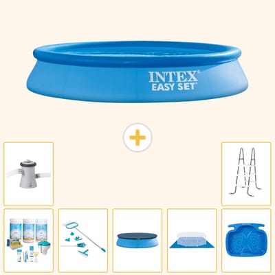 Intex Rond Opblaasbaar Easy Set Zwembad - 305 x 61 cm - Blauw - Inclusief Onderhoudspakket - Schoonmaakset - Afdekzeil - Grondzeil - Zwembadfilterpomp - Voetenbad - Ladder - 8-delig