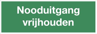 Nooduitgang vrijhouden sticker met tekst - zelfklevende folie - 200 x 75 mm - groen wit