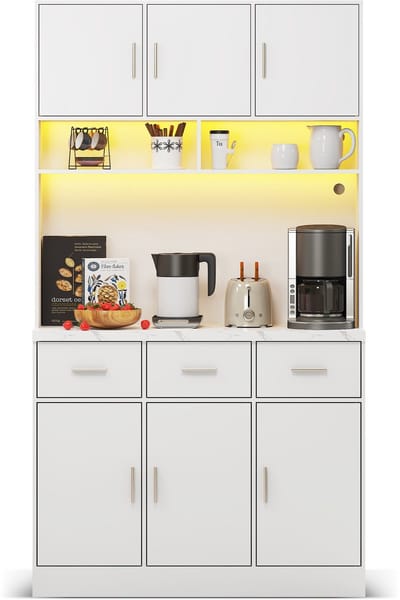 Witte buffetkast met led verlichting - Hoge keukenkast 180 cm - Met stopcontact en lades - Voor keuken en eetkamer - 100x40x180 cm