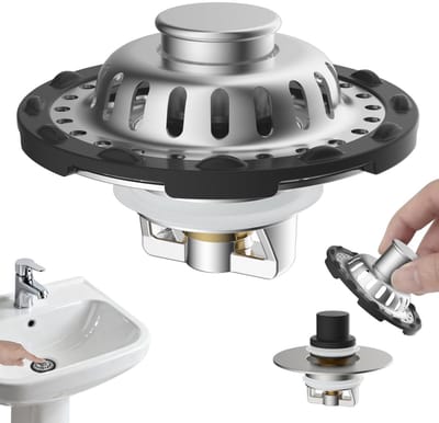 Hibbent Verbeterde 3-in-1 wastafelstop, roestvrijstalen afvoerstop voor 25-46 mm spoelgat, pop-up afvoerzeefstop met afneembare filtermand, messing bulletkern, geborsteld nikkel