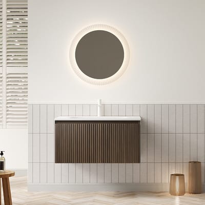Pugsdrly 80 cm wandgemonteerde wastafel voor de badkamer met witte rechthoekige keramische onderbouw wastafel, gestreept multiplex kastje met lade, voorgemonteerd, bruine eikenhouten kleur