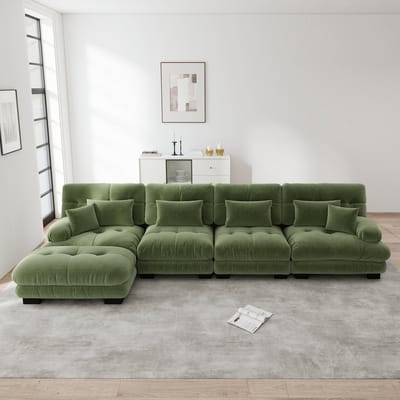 MODFU Modulaire Bank - L-Vormig - Met Verplaatsbare Ottomans - Vintage Stijl - Voor Woonkamer - Chenille - Groen