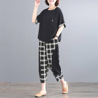 Nieuw Damespak Dames Grote Maat Stijlvol Ruit Los Twee-delig Zomer Negenpunts Broek 4XL