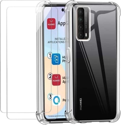 Geschikt voor Huawei P Smart 2021 hoesje shock proof transparant - Psmart 2021 Silicone hoesje - Hoesje Geschikt voor Huawei PSmart 2021 -met Screenprotector Psmart 2021 2 pack