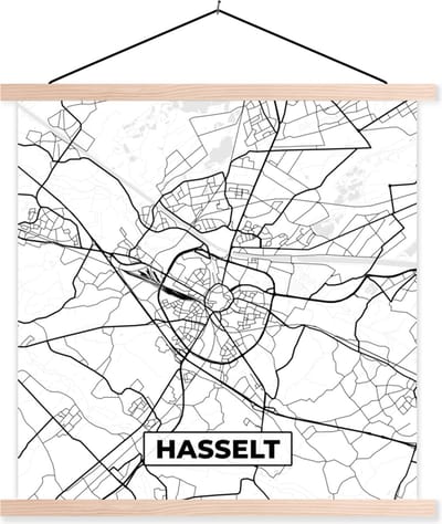 Posterhanger incl. Poster 40x40 cm - Schoolplaat - België – Hasselt – Stadskaart – Kaart – Zwart Wit – Plattegrond - Textielposter - Blanke latten - Stadskaart