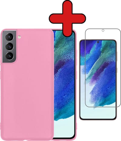 Hoesje - Met Screenprotector - Geschikt voor Samsung Galaxy S21 FE - Sterk & Shockproof - Telefoon Hoes - Back Cover - Siliconen Case - Telefoonhoes - Lichtroze