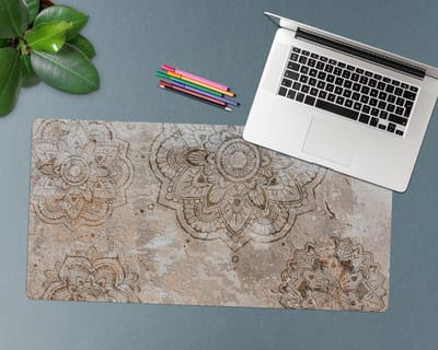 Coloray Bureau Onderlegger - Mandala op steen Bureau Mat - 90 cm x 45 cm - Bruin Bureau Onderlegger - Bureaumat - Onderlegger Bureau - Bureau Onderlegger Groot - Bureau Onderlegger XXL