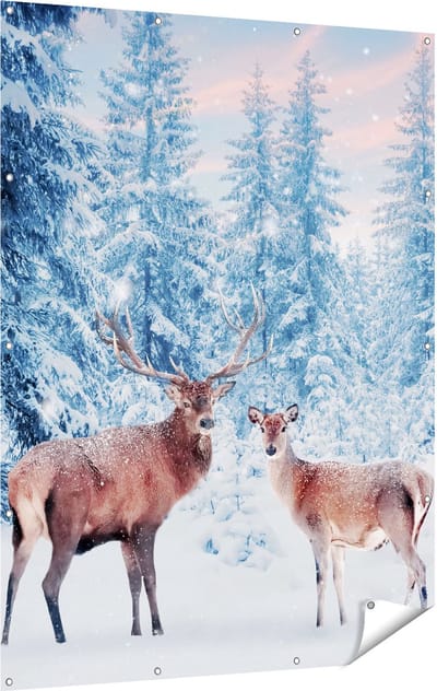 Gards Tuinposter Twee Herten in het Bos met Sneeuw - 120x160 cm - Tuindoek - Tuindecoratie - Wanddecoratie buiten - Tuinschilderij