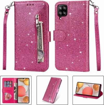 Portemonnee Hoesje - Wallet Case - Rits Sparkly Glitter - Telefoonhoes met Kord Geschikt voor: Samsung Galaxy A42 - Roze