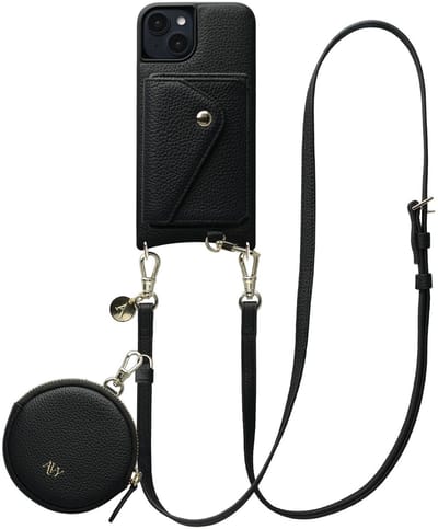 AVY Leren Hoesje geschikt voor Apple iPhone 15 | Met Koord, Wallet en Pouch | Compatibel met MagSafe | Leather Case met 130CM Koord | Long Leather | Zwart