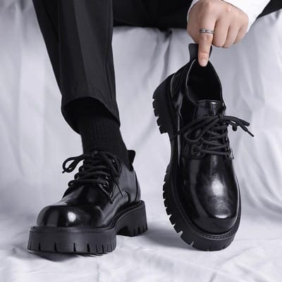 Heren Britse Stijl Derby Schoenen Chunky Zool Formele Laarzen Bruiloft Bruidegom Leren Schoenen Comfortabele Platform Oxfords Business Casual 43 black