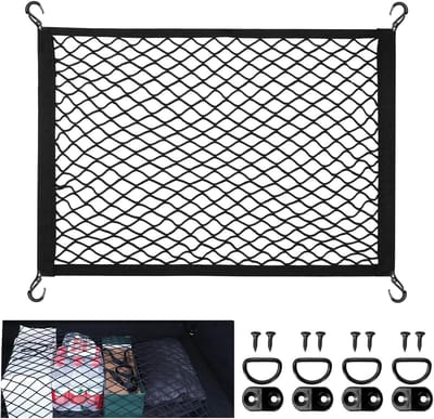 bagagenet voor de auto, kofferbaknet,60x40cm, met 4 grote haken, uitgerekt tot 120 x 80 cm, bagagenet camper, elastisch net voor de meeste auto's