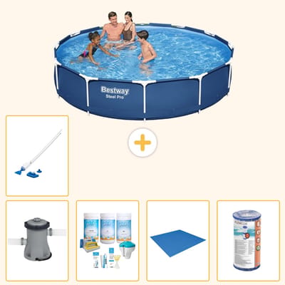 Bestway Rond Steel Pro Zwembad - 366 x 76 cm - Blauw - Inclusief Pomp - Onderhoudspakket - Grondzeil - Filter - Stofzuiger - 6-delig