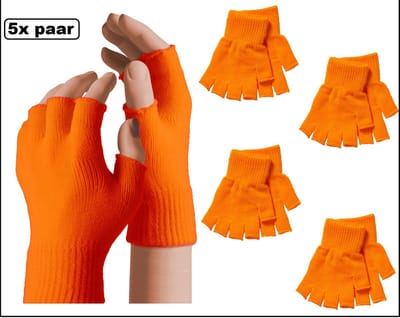 5x Paar vingerloze handschoenen fluor oranje voor kids - Thema feest carnaval handschoen party