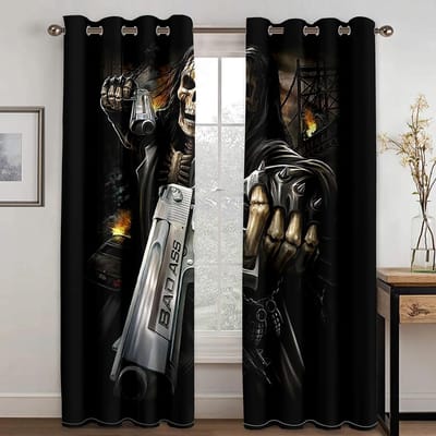 3D Horror Mannelijk Zwart Schedel Gordijnen Pluk Chips Woonkamer Slaapkamer Balkon Raam Decoratieve Gordijnen 2 Panelen 50W130H(CM)X2PCS&Hook