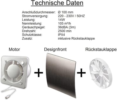 Stil Ventilator Badkamer met Vochtigheidssensor en Terugslagklep | Ø 100 mm | Geborsteld Zilver