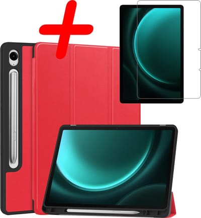 Hoesje Geschikt voor Samsung Galaxy Tab S9 FE - Met Screenprotector - Trifold Bookcase - Hard Cover Case - Met Uitsparing Geschikt voor S Pen - Hardcover Book - Tablet Hoes - Rood