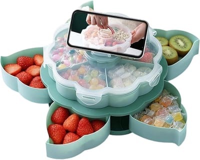 Draaibaar Snackdienblad - Serveerschaal Deelbaar - Feestelijk Presenteren - Geïntegreerde Telefoonhouder - 10 Vakken 2 Lagen - Groen