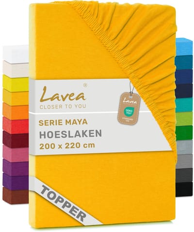 Lavea® Hoeslaken voor Topper/Topmatras 200x220 cm – 100% Katoen Jersey – Geschikt voor Topmatrassen tot 10 cm – Met Elastiek Rondom – OEKO-TEX Gecertificeerd – Goudgeel