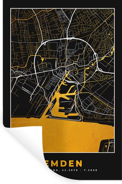 Muurstickers - Sticker Folie - Goud – Duitsland – Plattegrond – Gold – Stadskaart – Kaart – Emden - 20x30 cm - Plakfolie - Muurstickers Kinderkamer - Zelfklevend Behang - Zelfklevend behangpapier - Stickerfolie