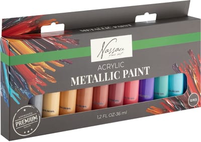Nassau Fine Art Metallic Acrylverf Set - 12pcs 36ml Tubes – Hoogwaardige Metallic Verf voor Hobby – Dekking op Papier, Canvas, Hout, Steen en Meer