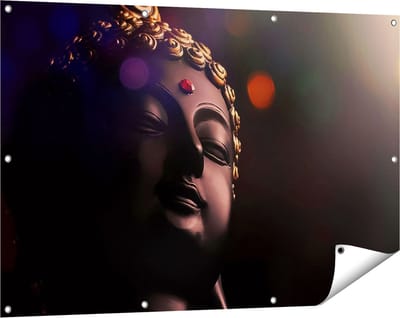 Gards Tuinposter Boeddha Beeld met Gouden Sierraden - 120x80 cm - Tuindoek - Tuindecoratie - Wanddecoratie buiten - Tuinschilderij