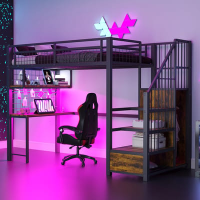 Hoogslaper - 90x200 cm - Bed met Bureau en Kast - LED, Oplaadpunt en Planken - Metaal - Zwart