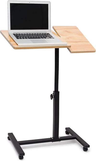 Laptoptafel op Wieltjes – In Hoogte Verstelbaar & Draaibaar – Met 2 Verstelbare Plateaus – Stabiel – Voor Bank & Bed (Eikenlook)