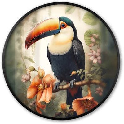 Poster in lijst Rond - Fotolijst 60x60 cm - Posters - Toekan - Vogel - Bloemen - Planten - Ronde posterlijst zwart - Decoratie - Wanddecoratie woonkamer - Muurdecoratie slaapkamer