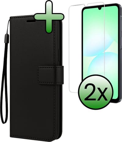 Hoesje Met 2x Screenprotector - Geschikt voor Samsung Galaxy A07 - Luxe Pasjeshouder - Bookcase Portemonee - Flip Case - Kunstleer Book Case - Flipcase Hoes - Book Cover - Walletcase - Portemonneehoes - Zwart