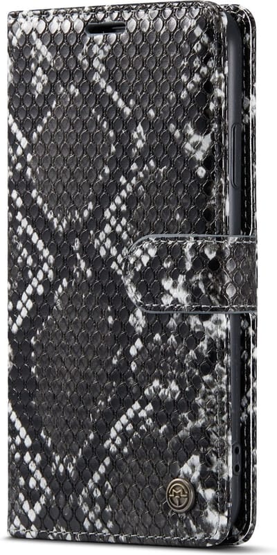 Casemania Hoesje Geschikt voor Apple iPhone XR - Zwart - Luxe Wallet Bookcase met Pasjeshouder en Standaard - Kunstleer Portemonnee Telefoonhoesje met Slangen Structuur