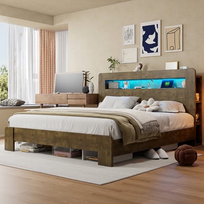 HAUSS SPOLE Houten Bed 180x200 cm - Zonder Matras Met Opberghoofdbord En Ledverlichting - Met Stopcontacten - Slaapkamer - Houtkleur
