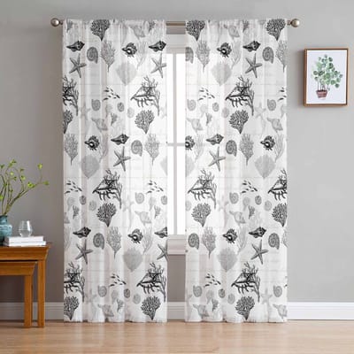Zeester Schelp Koraal Vintage Zwart Grijs Raam Tule Gordijnen voor Woonkamer Slaapkamer Hotel Luxe Decoratie Transparante Gordijnen 135W x 114H(cm)