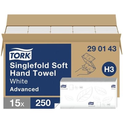 Tork® Paper towels Advanced® H3 290143, 2-laags, reliëf, zigzag gevouwen, 15 pak á 250 vellen (3750 handdoeken), FSC®-papier, wit