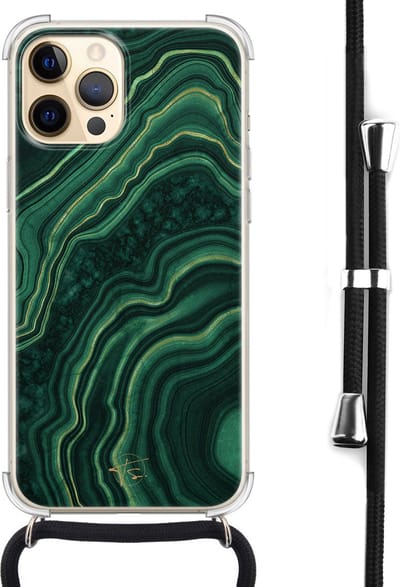 Hoesje met koord geschikt voor iPhone 12 Pro Max - Agate groen - Inclusief zwart koord - Crossbody beschermhoes - Transparant, Groen - Mooie Telefoonhoesjes