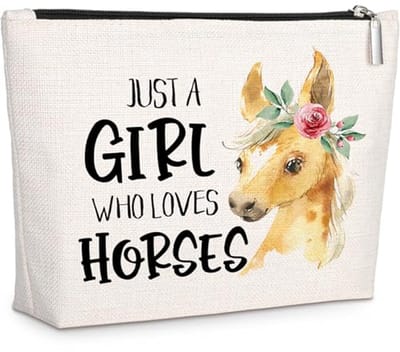 Paarden Make-up Tas - Cadeau Tas - Dierenliefhebbers Opslag - Dubbelzijdig Bedrukt - 25 cm Breed - Beige