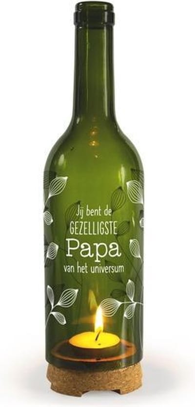 Wijnfles met waxinelichtje - Jij bent de gezelligste Papa van het universum - In cadeauverpakking met gekleurd lint