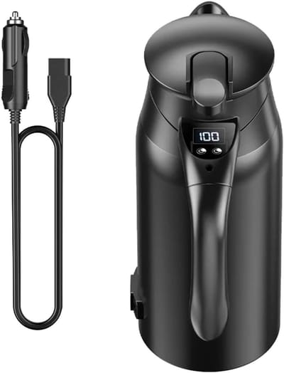 KZQ Autowaterkoker 12V/24V – Draagbare roestvrijstalen waterkoker met LED-temperatuurweergave – 800 ml inhoud – Dubbelwandig 304 roestvrij staal – Snel verwarmen voor reizen en kamperen – Automatische uitschakeling & droogkookbeveiliging – Zwart
